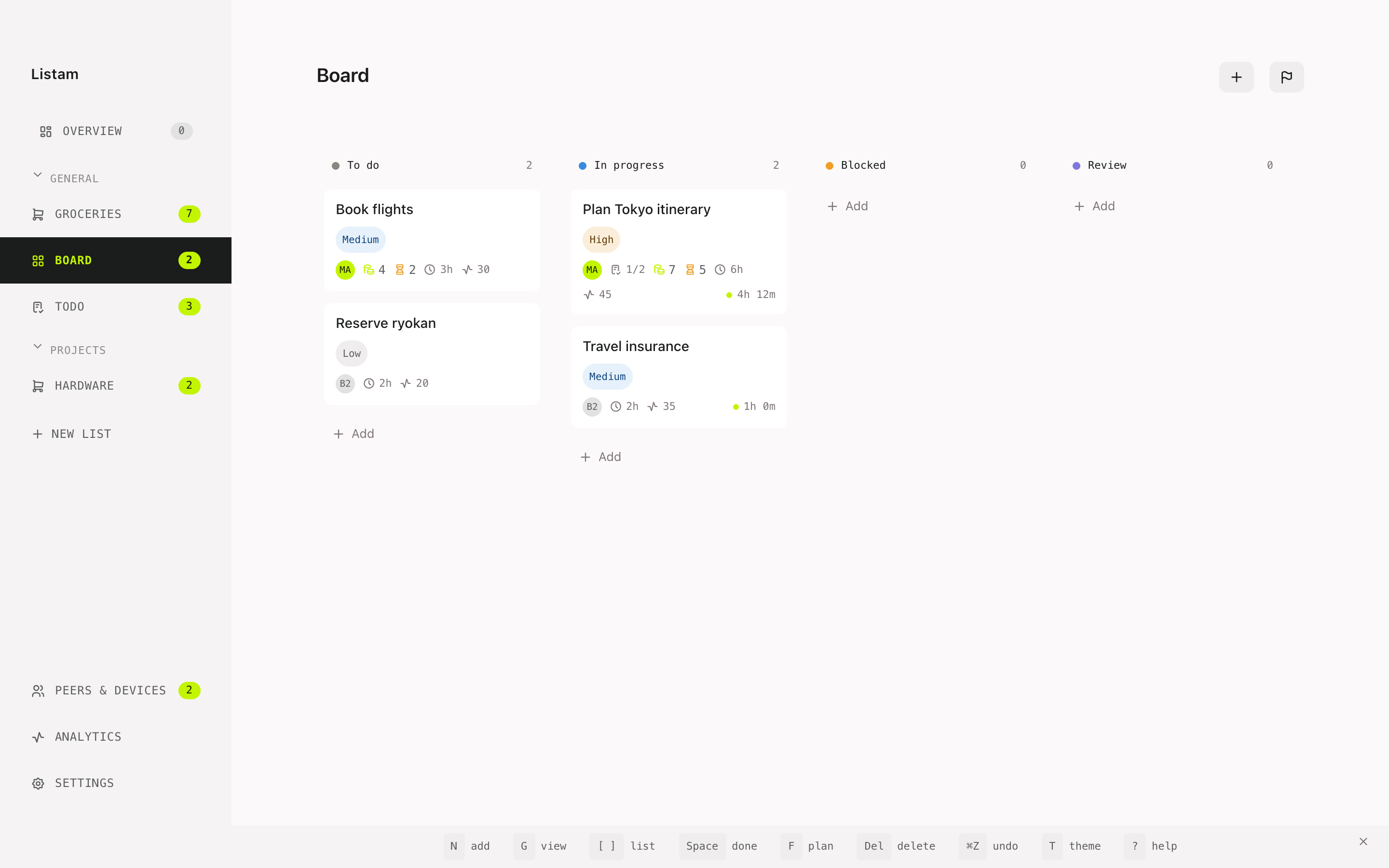 A Listam board on the desktop with To do, In progress, Blocked and Review columns holding trip-planning cards with priorities and tracked time