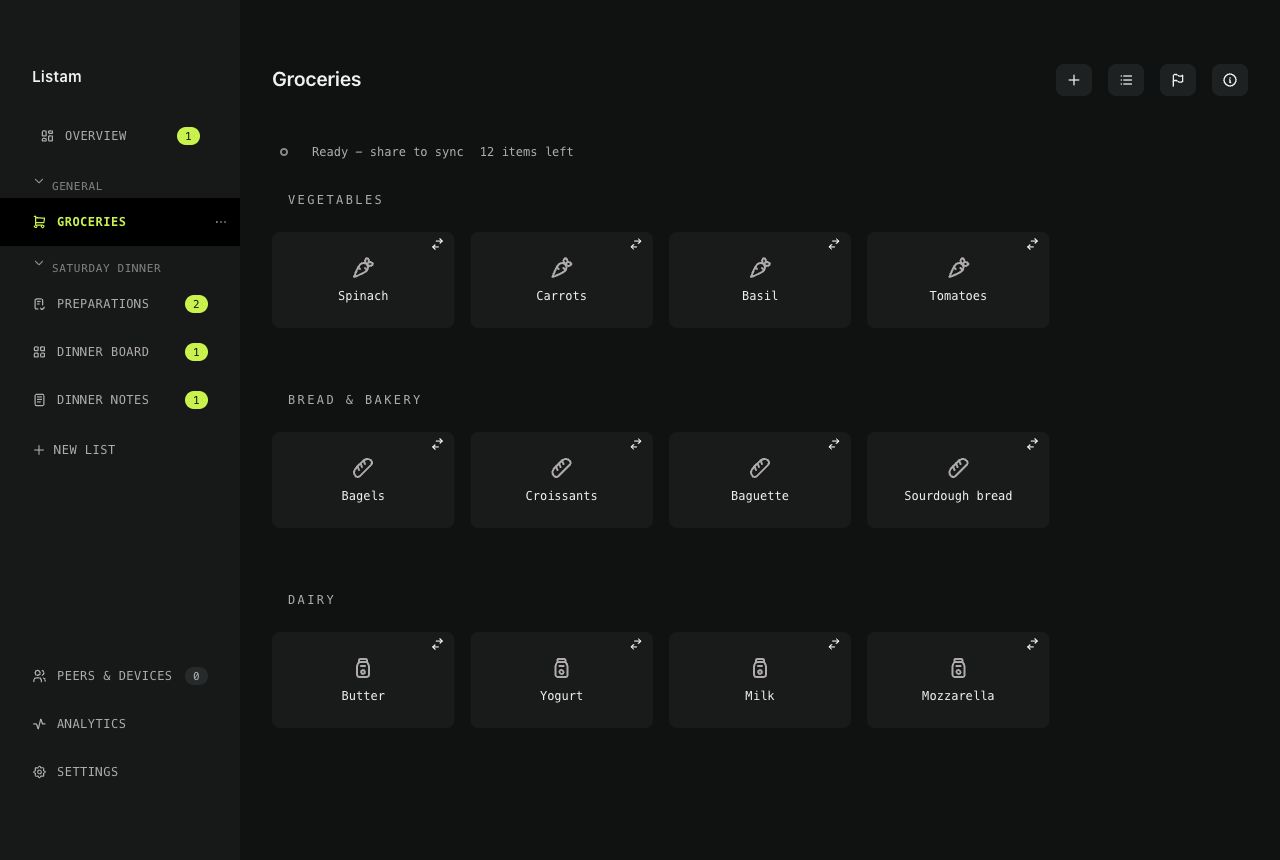 Listam's grocery grid in dark mode with twelve items grouped into Vegetables, Bread & Bakery, and Dairy, each displayed as a card with an icon and name