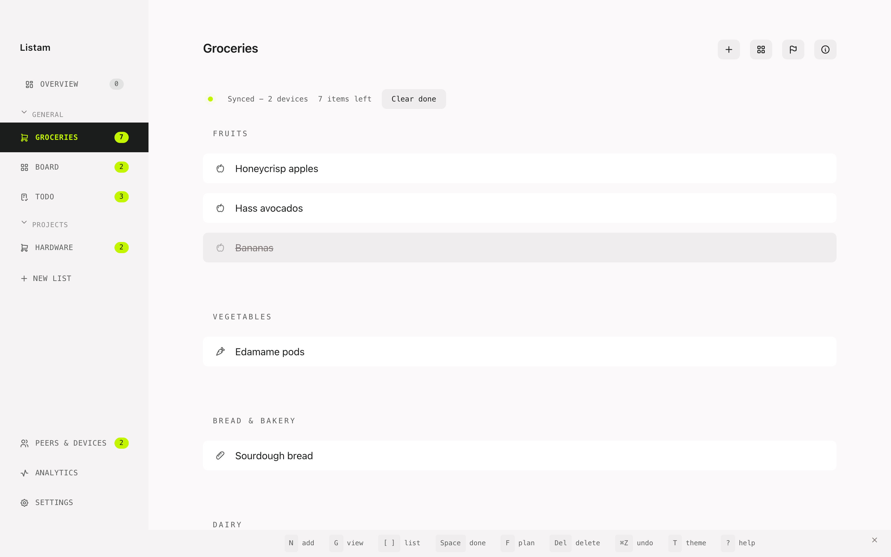 Listam on the desktop: a sidebar of grouped lists — Overview, Groceries, Board, Todo and a Hardware project — beside an aisle-sorted grocery list