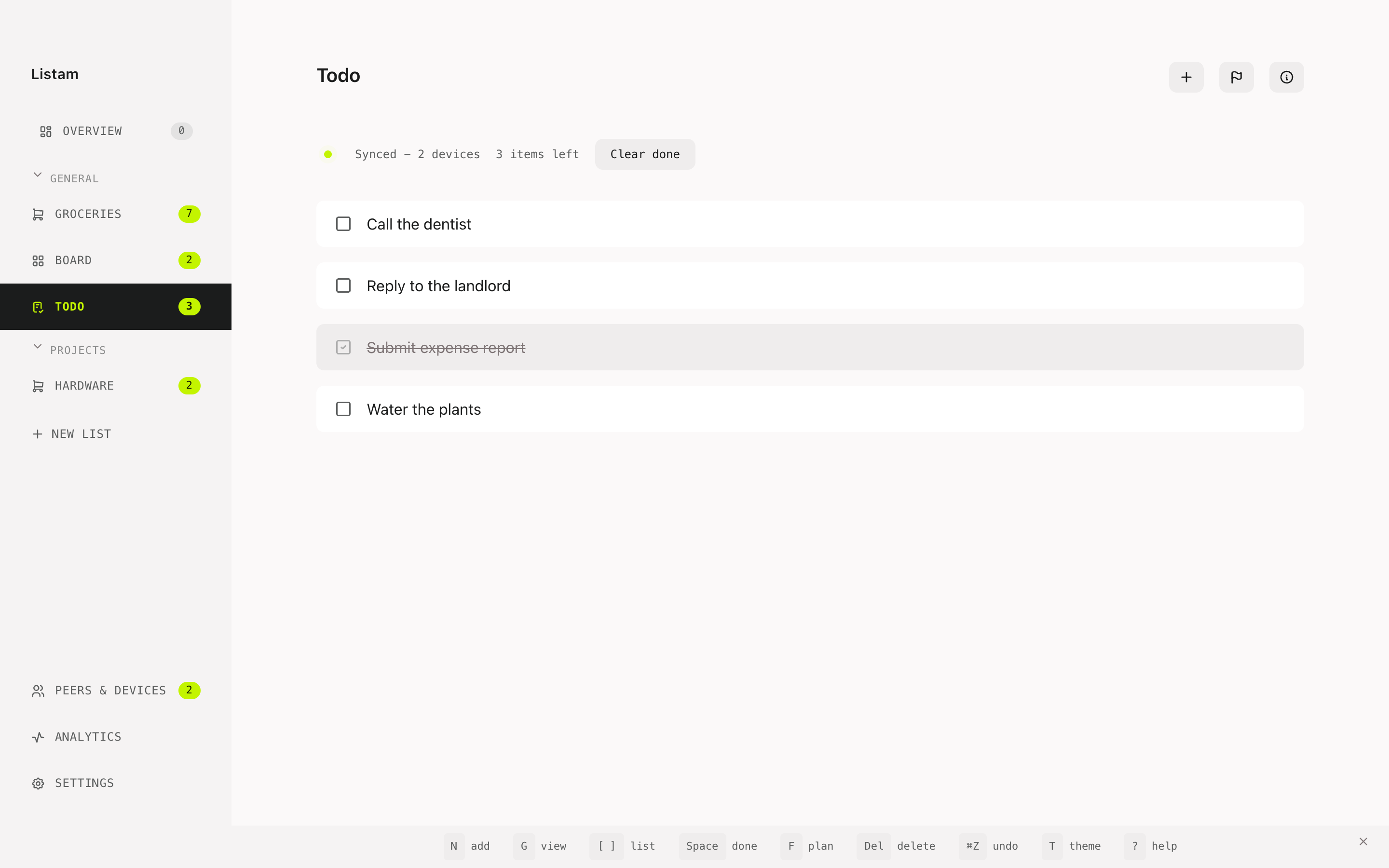 The Listam desktop app showing a to-do list, the sidebar of grouped lists, and the keyboard hint strip along the bottom