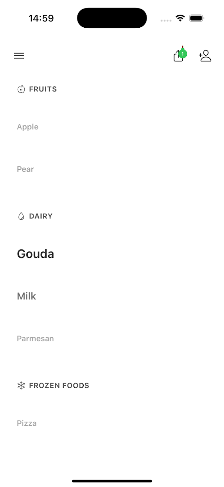The Listam app showing a grocery list with items grouped by category