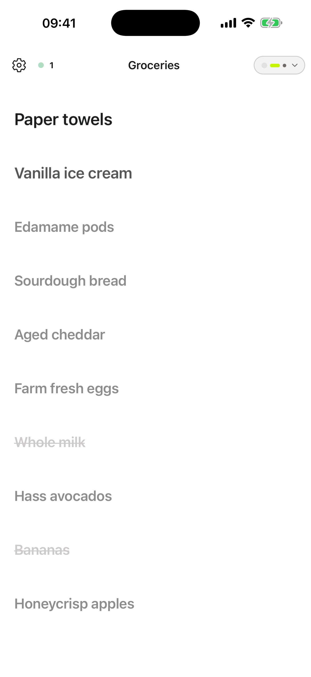 Listam on a phone: a grocery list with the item in focus reading larger than the rest