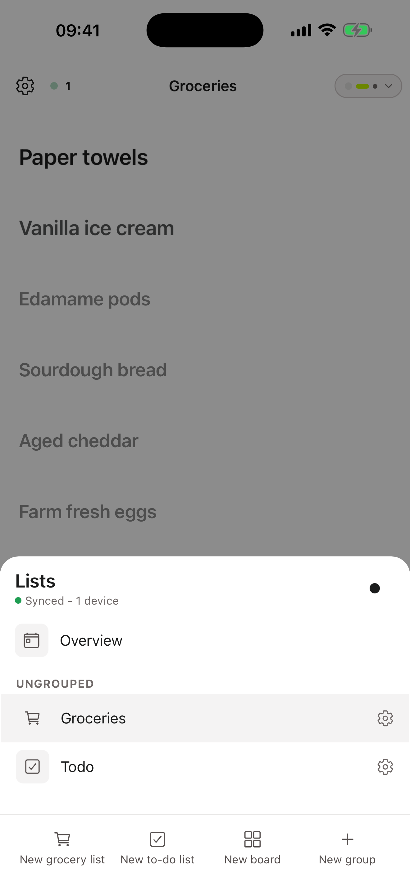 The Listam list tray on a phone, showing Overview above the lists, and buttons for a new grocery list, to-do list, board or group
